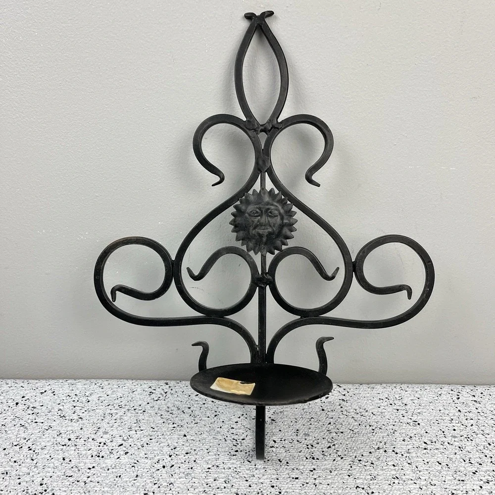 Vintage Black‎ Metal Celestial Sun Wall Sconce Candle Holder Whimsy Gothic